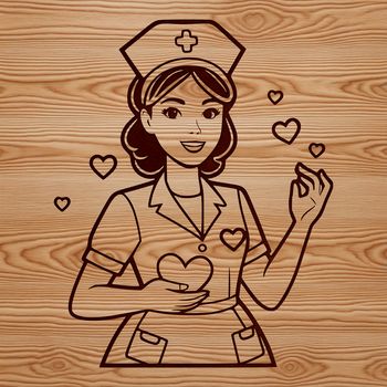 Female nurse depicted with heart symbols, emphasizing care and compassion.