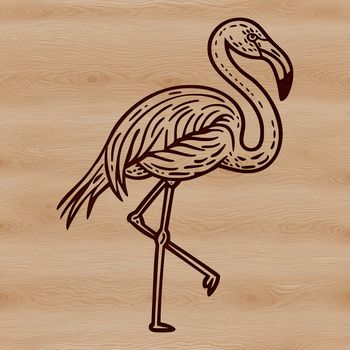 A colorful illustration of a standing flamingo with long legs and curved beak.