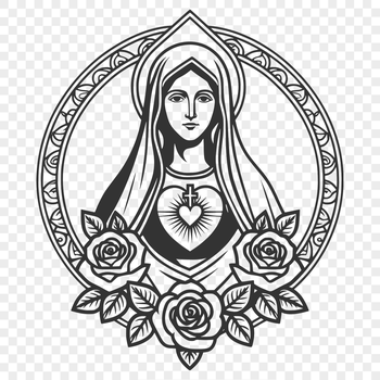 A stylized illustration of the Immaculate Heart surrounded by delicate floral patterns.