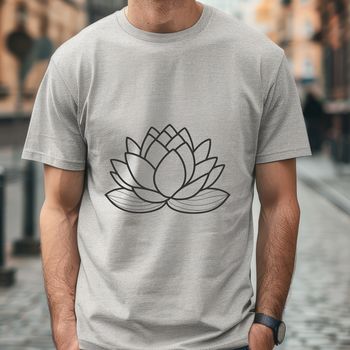 An illustration of a lotus flower with symmetrical petals and leaves.