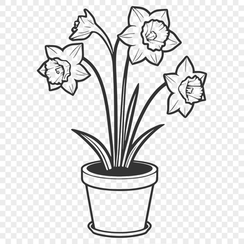 A stylized illustration of a daffodil growing in a small pot.