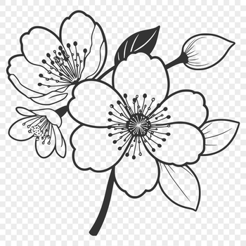 A stylized illustration of a cherry blossom flower with delicate petals and center detail.