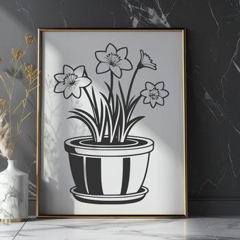 A single stem with bright yellow trumpet-shaped flowers growing from the soil in a small ceramic flower pot.