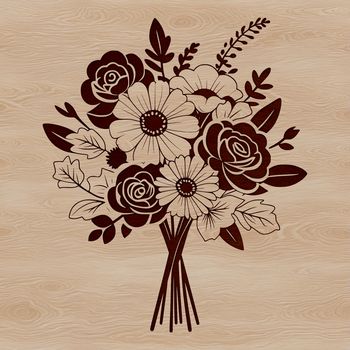 An illustration of a bouquet with multiple stems of flowers tied together with a ribbon.