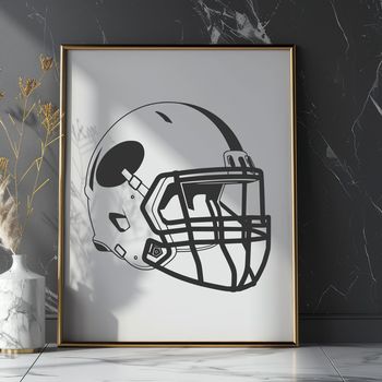 A stylized illustration of a football helmet with an American football in front of it.