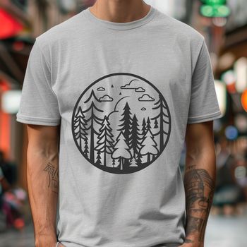A detailed illustration of a lush forest landscape with multiple tree silhouettes against a gradient sky.