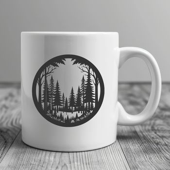 A stylized illustration of a forest landscape with trees and foliage.