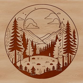 A detailed vector graphic of a forest landscape featuring tree silhouettes against a cloudy sky.