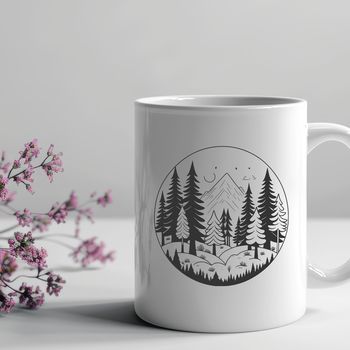 An illustration of a lush forest with tall trees and foliage.