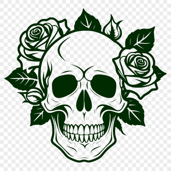 A stylized Gothic skull with a floral rose pattern integrated into the design.