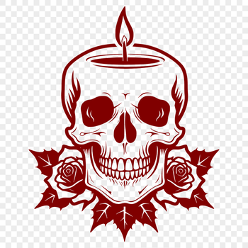 A detailed illustration of a Gothic-style skull surrounded by subtle shading and fine lines.