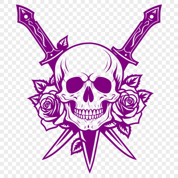A detailed illustration of a Gothic-style skull with ornate details and a dagger at its forehead.