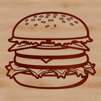 A colorful illustration of a classic hamburger with cheese, lettuce, and tomato on a bun.