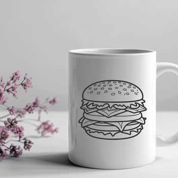 A stylized illustration of a classic cheeseburger with a round bun and patty.