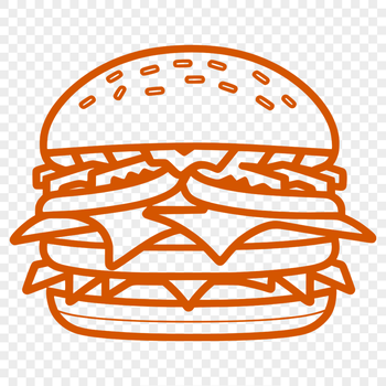 A simple illustration of a hamburger with bun, patty, cheese, lettuce, and tomato.