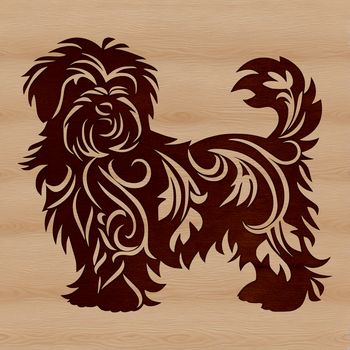 A standing havanese dog with ornate details.