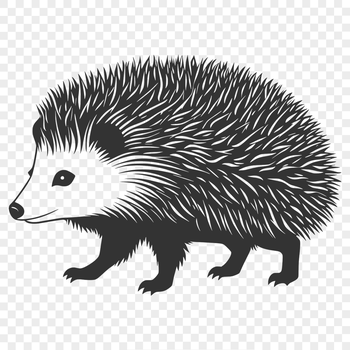 An illustration of a hedgehog in black and white, created as vector art.