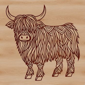 A portrait illustration of a Scottish Highland cow standing in a green meadow.