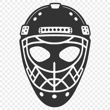 A stylized hockey player's helmet with a protective mask and other sports equipment.