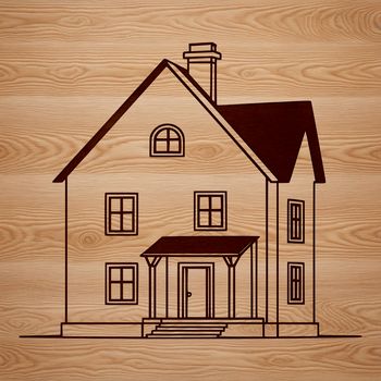 A simple 2D illustration of a traditional house with a front door, windows, and roof.