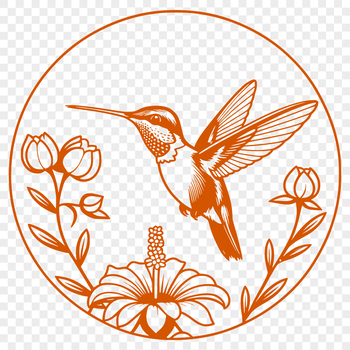 A stylized vector graphic of a hummingbird amidst flowers and greenery.