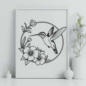 A vector illustration of a hummingbird in mid-flight.