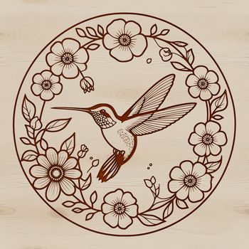 A detailed vector design featuring a hummingbird in flight surrounded by flowers.