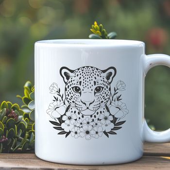 Illustrative vector design of a big cat, specifically a jaguar, in a simple floral-inspired style.