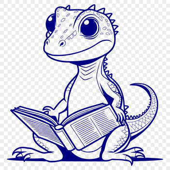 A cartoon lizard character sitting on the ground with a book in front of it.