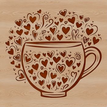 A stylized vector illustration of a cup with decorative love hearts surrounding the design.
