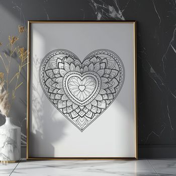 Mandala heart design with intricate patterns and shapes.