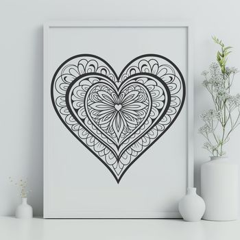 A geometric mandala heart design featuring intricate patterns and shapes, suitable for vector art projects.
