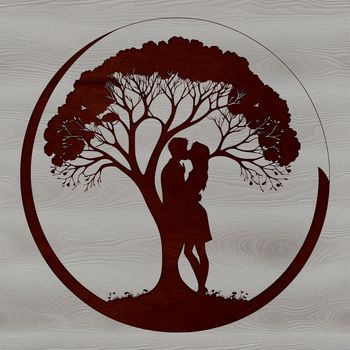 A stylized illustration of a tree adorned with couples embracing and kissing in its branches.