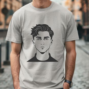A simple line drawing of a male figure in a neutral pose, suitable for use as a vector graphic template.
