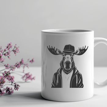 A large wild animal with antlers wearing a hat.