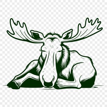 A large, furry wild animal with antlers lying on its side in a serene landscape.