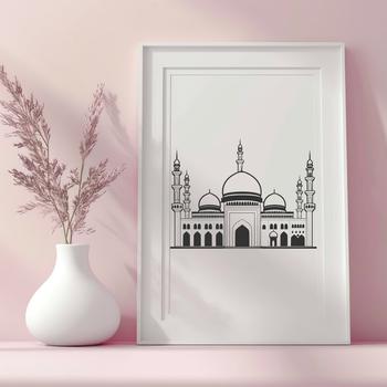 A detailed illustration of a mosque with intricate architectural features.