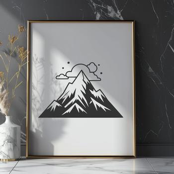 A digital illustration of a mountain landscape featuring rolling hills and snow-capped peaks.