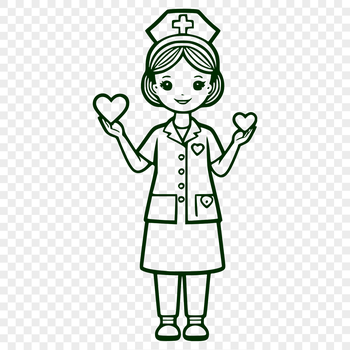 Female nurse in a full-body illustration with heart symbols, suitable for vector graphics and design projects.