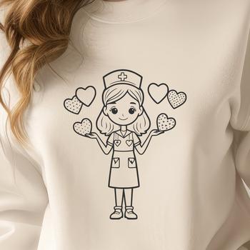Female nurse depicted with heart symbols in her uniform.