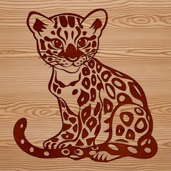 A close-up illustration of a sitting big cat with distinctive markings.
