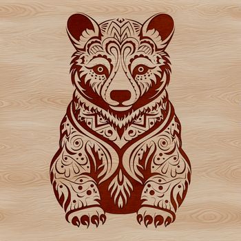 A stylized illustration of a bear sitting in a serene environment with intricate details.