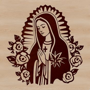 A stylized illustration of the Virgin Mary with ornate floral details in a traditional religious art style.