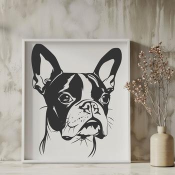 A close-up illustration of a Boston Terrier's head, ideal for customizing vector art designs.