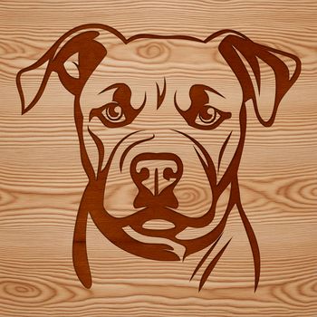 A stylized vector graphic of a pitbull's face with bold lines and textures.