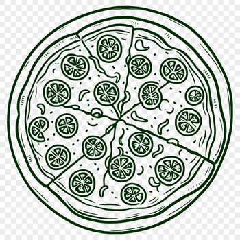 A digital illustration of a sliced pizza with melted cheese and toppings.