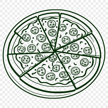 An isolated vector design of a round, cheesy pizza with tomato sauce and fresh basil leaves, suitable for digital use.