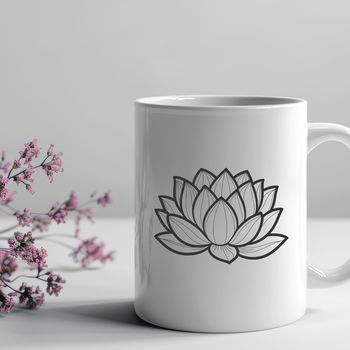 A stylized illustration of a lotus flower with multiple petals and a long stem.