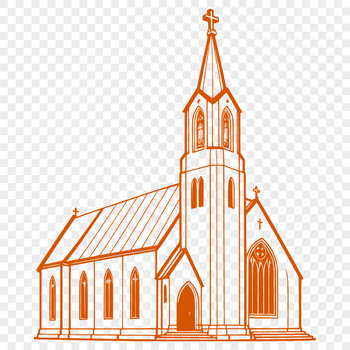 A stylized illustration of a traditional Protestant church with Gothic architecture.
