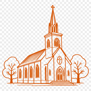 An iconic depiction of a classic Protestant house of worship with a single tower and symmetrical design.